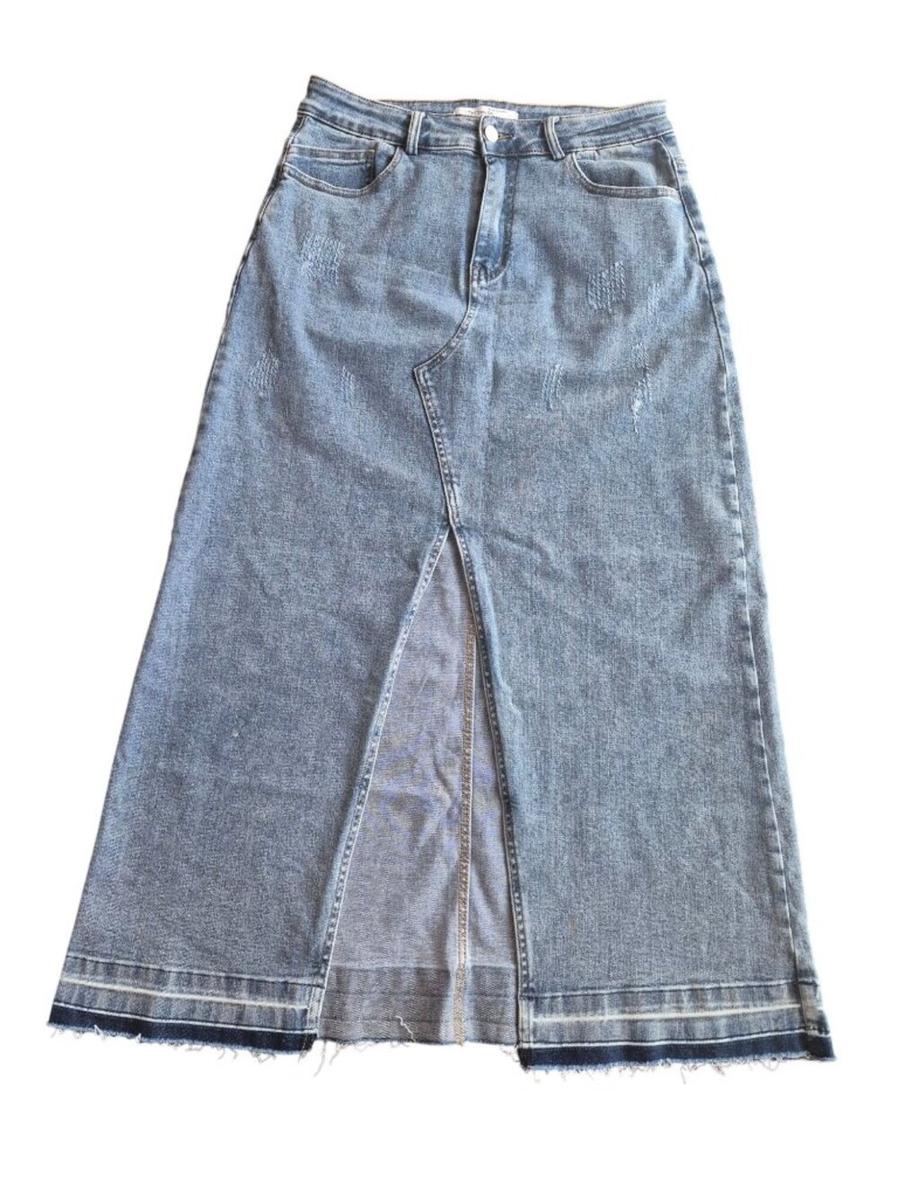 ThCreasa Womens Distressed Denim Maxi Skirt With Frayed Hem & Front Slit Size L